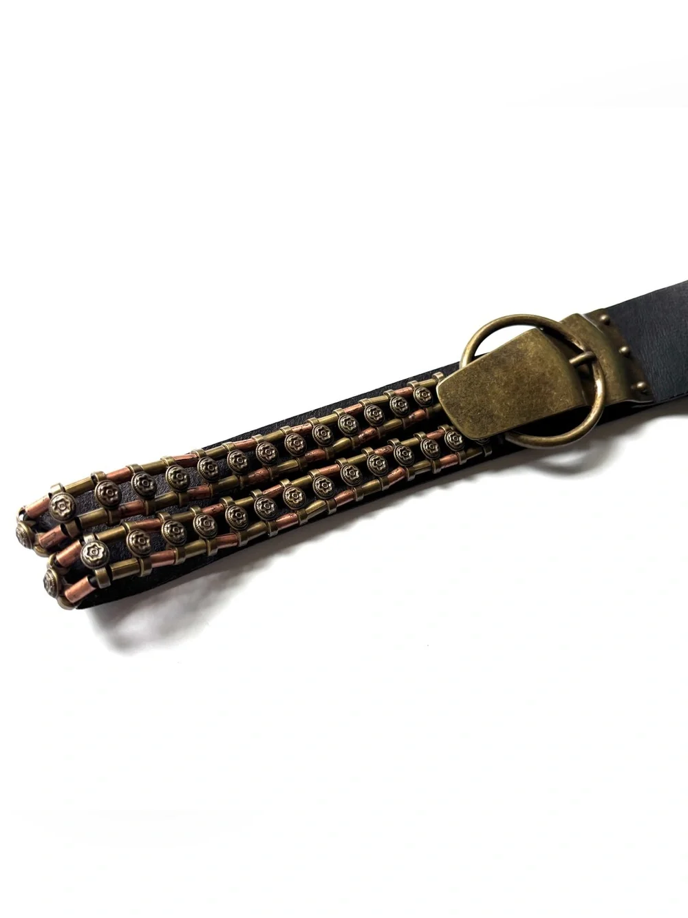 Black Leather Belt w/ Brass Gold Copper Metal Chain Hardware M-L Chicos vintage